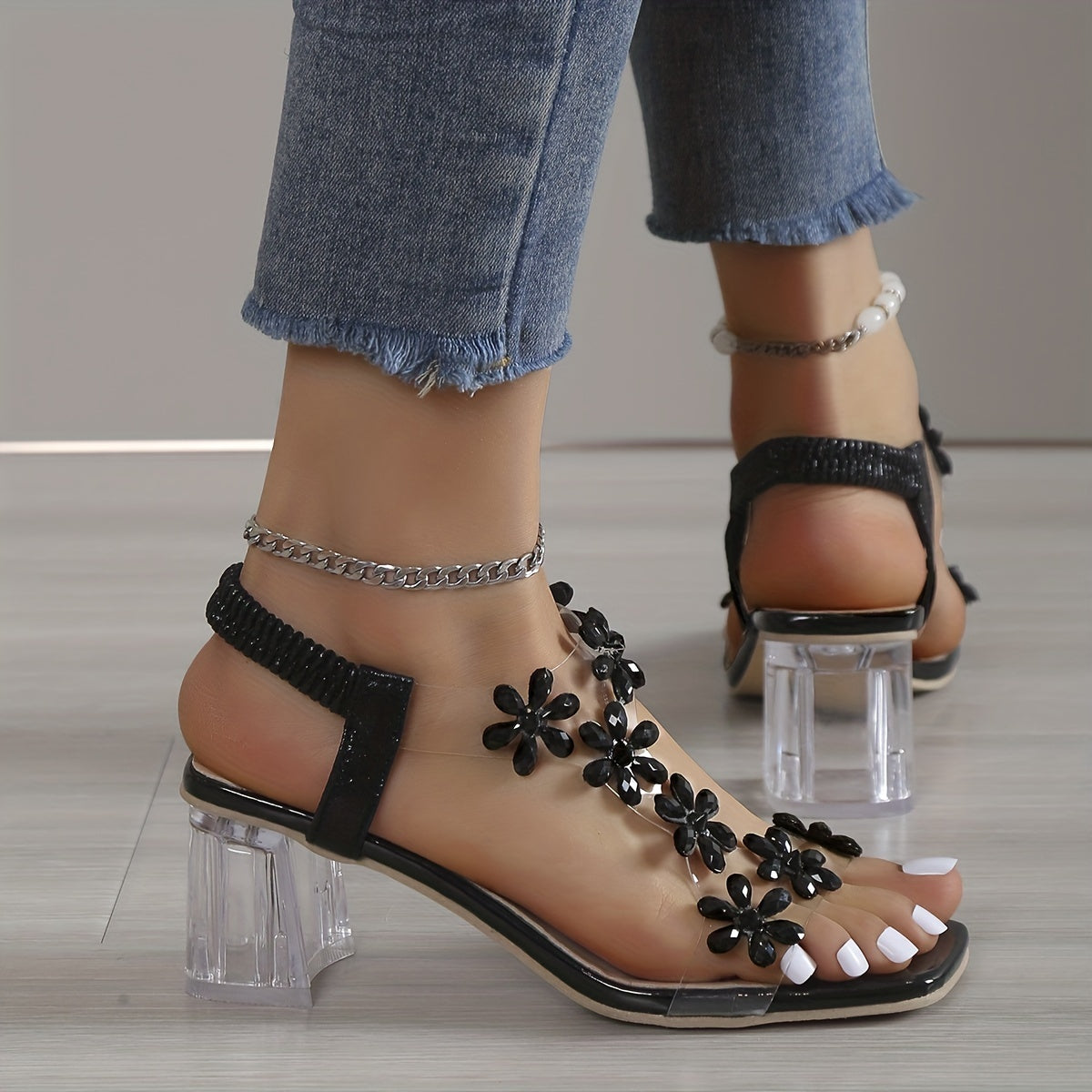 Women's Rhinestone Block Heel Sandals with Square Open Toe, Elastic Straps, Slip-On Heels for Versatile Style