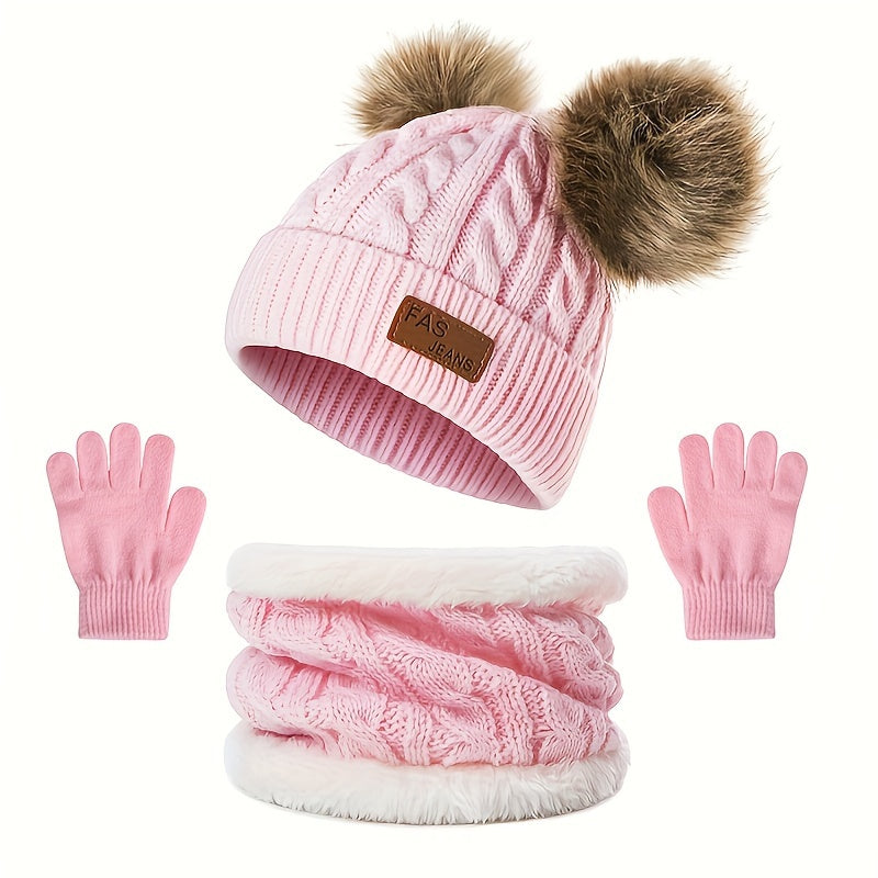 1pc Toddler Knitted Hat, Pure Color Winter Twist Double Pom Pom Knitted Beanies Cap