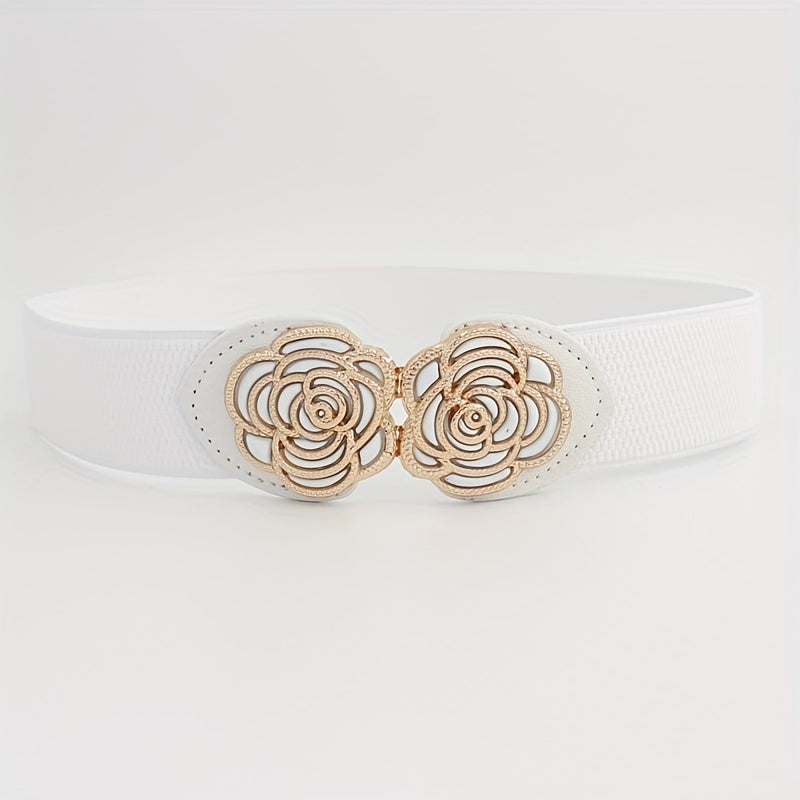 Vintage Stretch Wide Waist Belt For Women Dress Waistband Metal Leaf Buckle