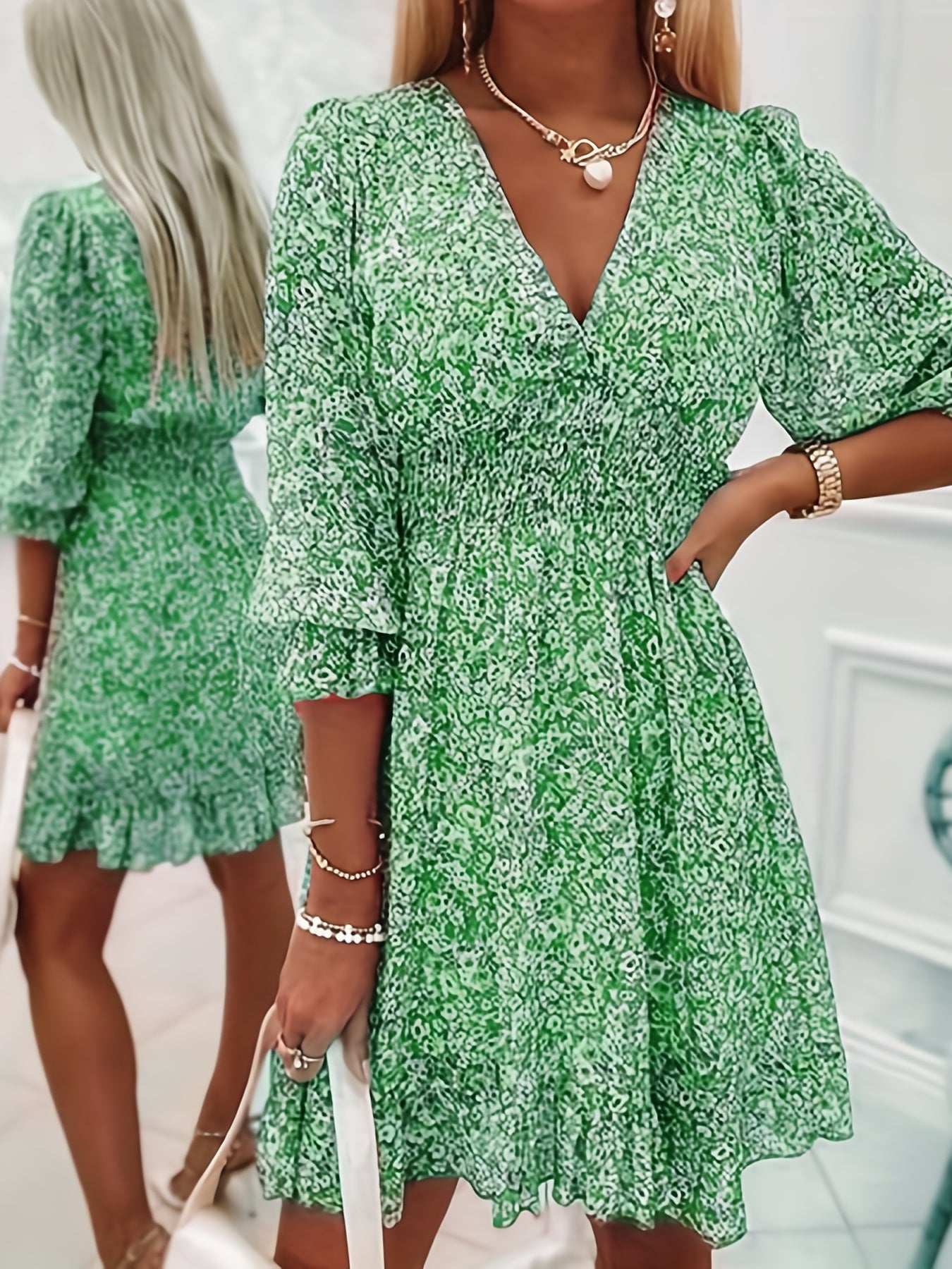 Women's Dresses Puff Sleeve Floral Print Ruched Waist V-Neck Boho Dresses