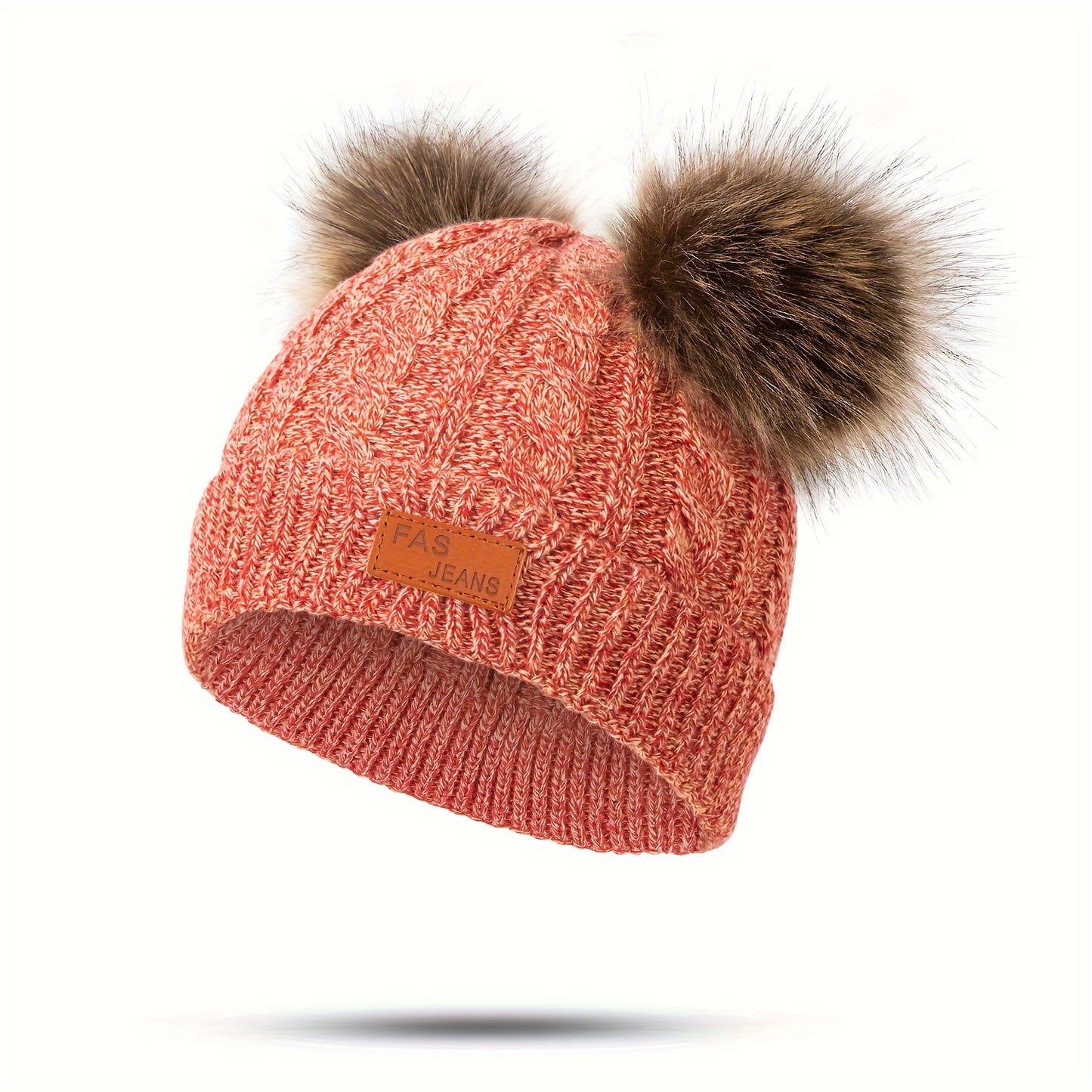 1pc Toddler Knitted Hat, Pure Color Winter Twist Double Pom Pom Knitted Beanies Cap