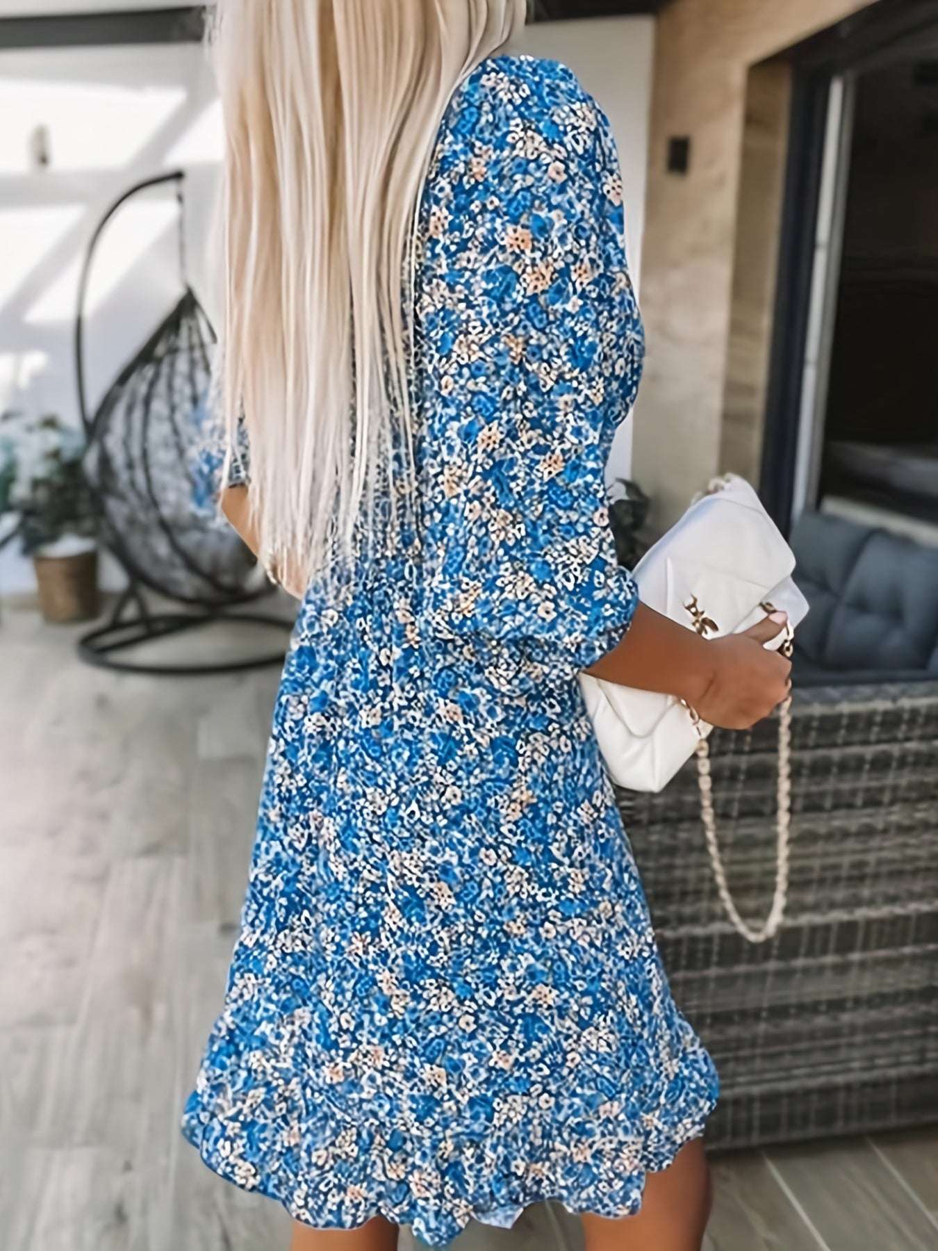 Women's Dresses Puff Sleeve Floral Print Ruched Waist V-Neck Boho Dresses