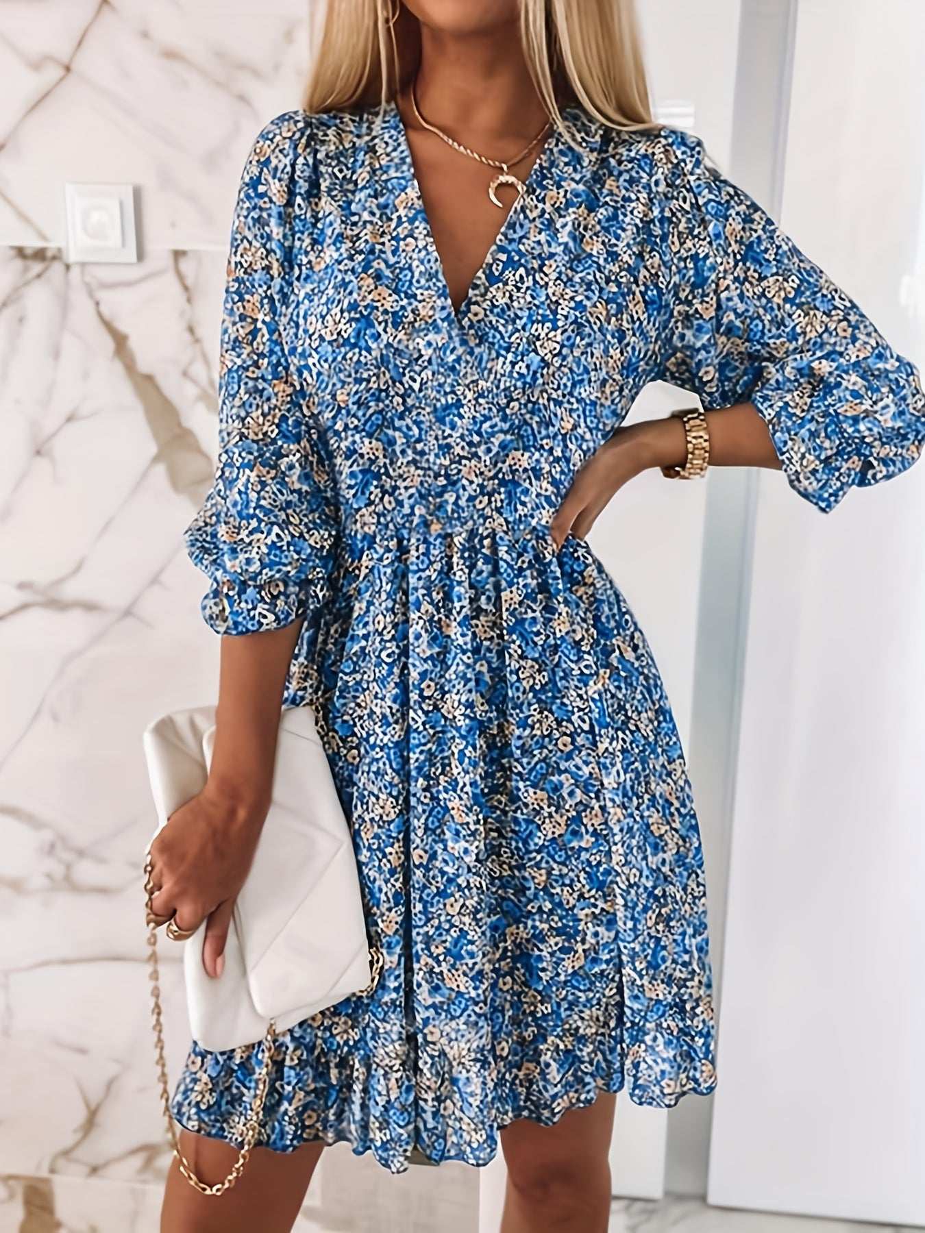 Women's Dresses Puff Sleeve Floral Print Ruched Waist V-Neck Boho Dresses