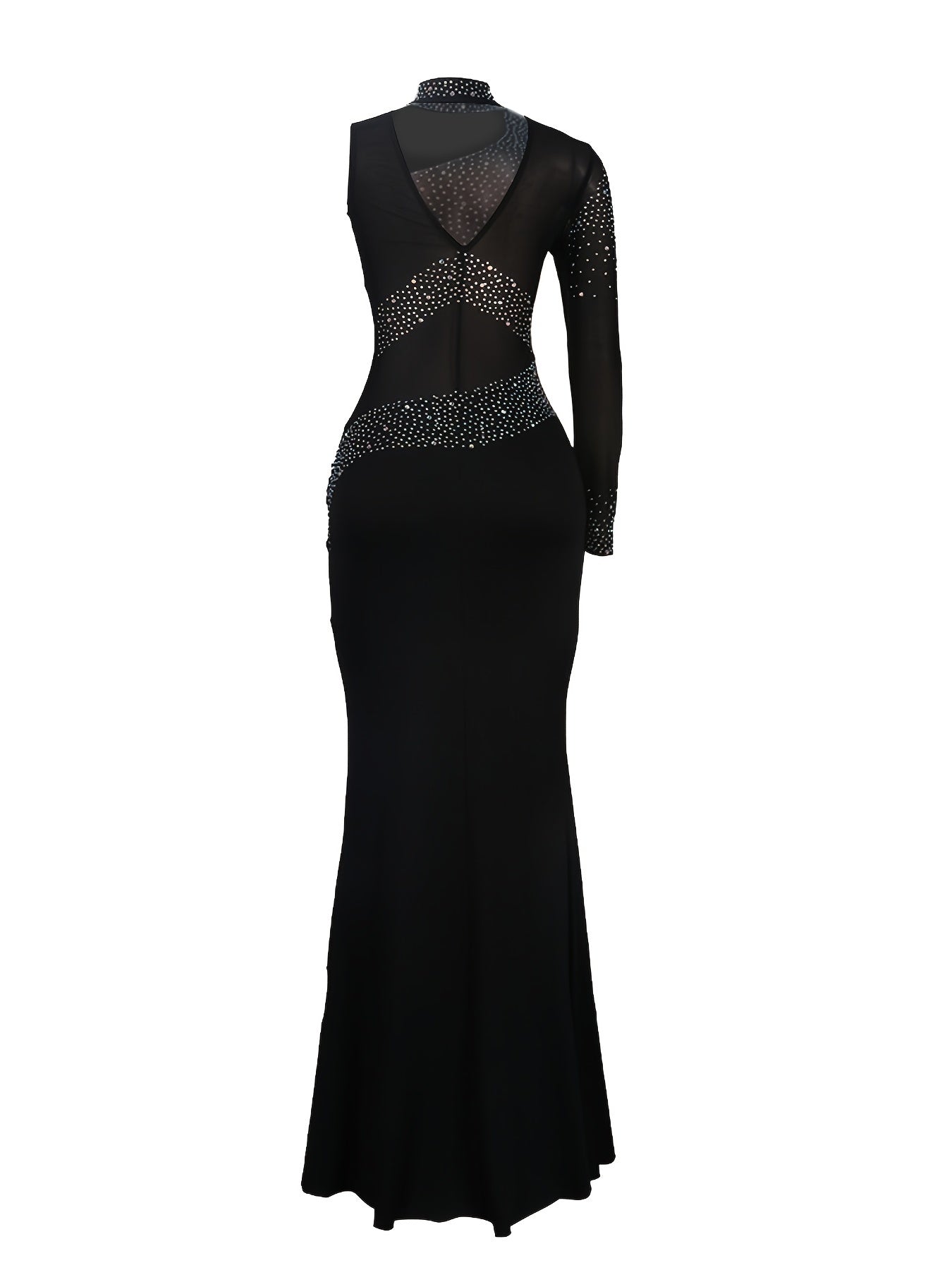 VNOVA'S Women'S One Shoulder Long Sleeve Rhinestone Process Mesh Sexy Slim Dress Club Evening Dress