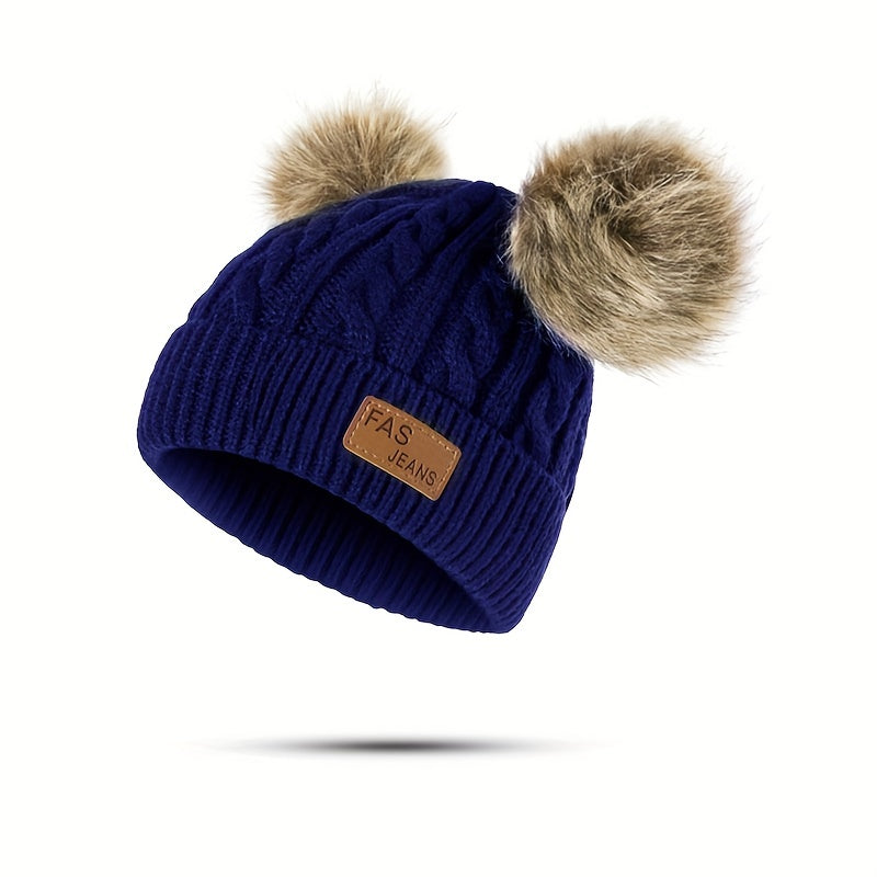 1pc Toddler Knitted Hat, Pure Color Winter Twist Double Pom Pom Knitted Beanies Cap