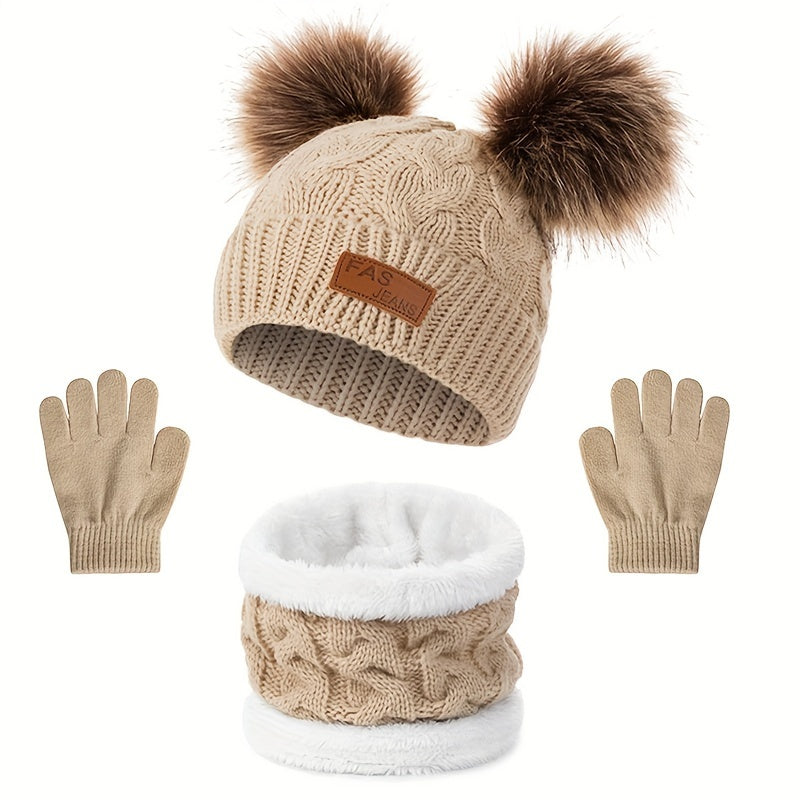 1pc Toddler Knitted Hat, Pure Color Winter Twist Double Pom Pom Knitted Beanies Cap