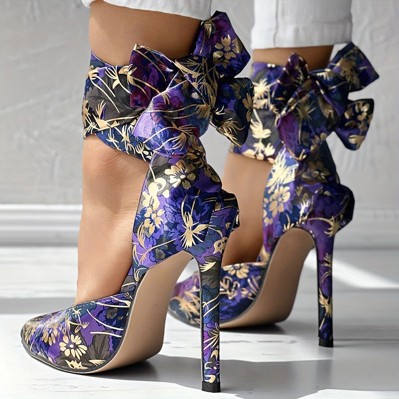 CBI STYLE Women's Floral Stiletto High Heels - Pointed Toe Ankle Strap Ultra-High Heels with Fabric Upper & PVC Sole for Weddings, Parties, Formal Events, Stiletto Heels