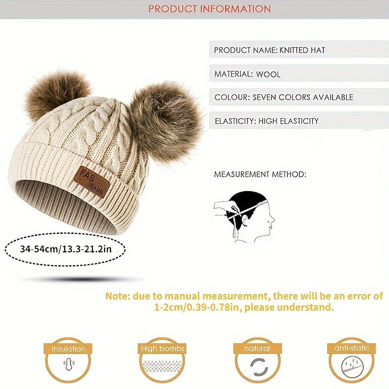 1pc Toddler Knitted Hat, Pure Color Winter Twist Double Pom Pom Knitted Beanies Cap