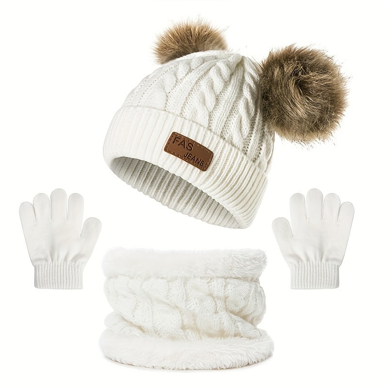 1pc Toddler Knitted Hat, Pure Color Winter Twist Double Pom Pom Knitted Beanies Cap