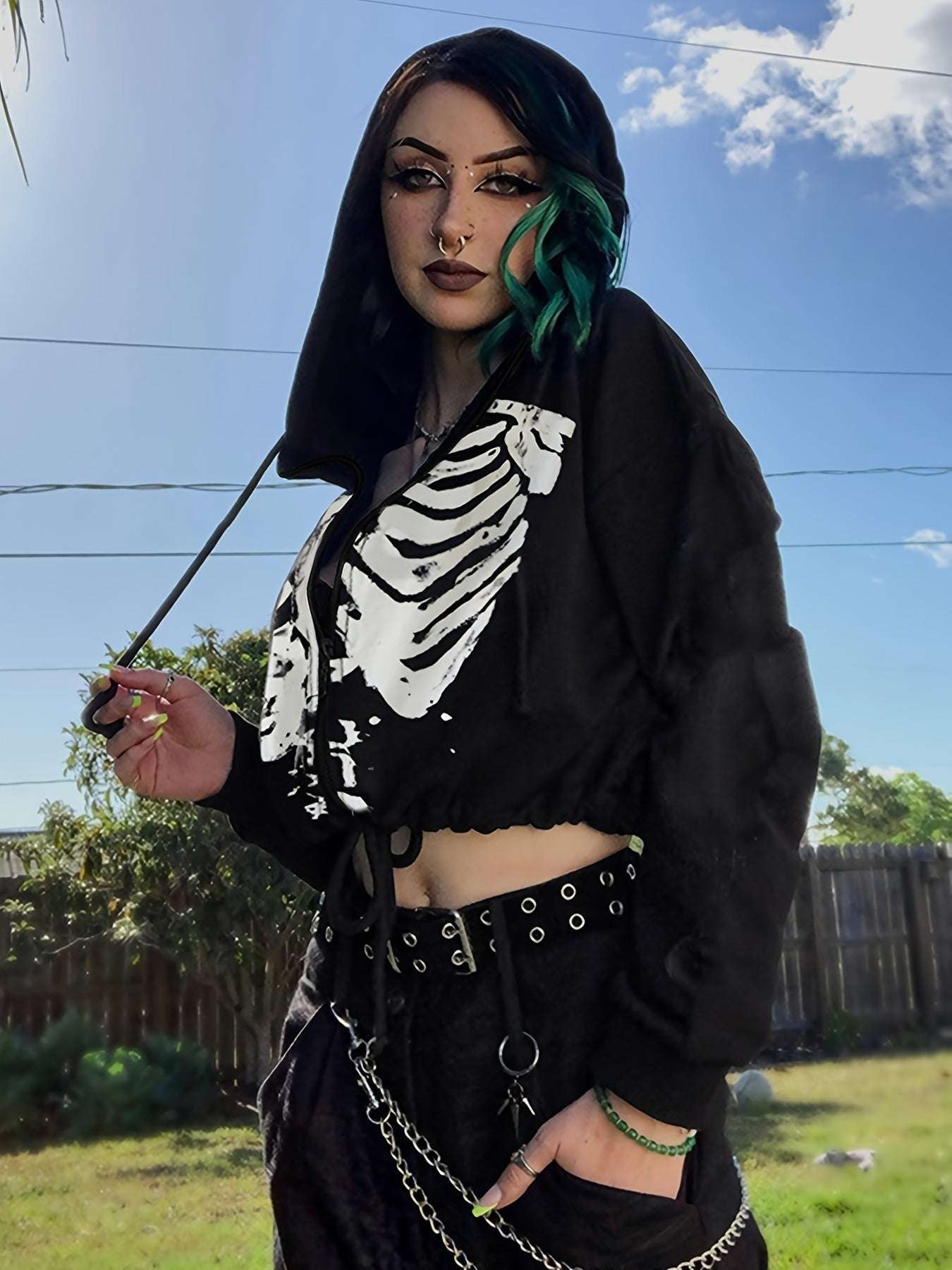 Gothic Drawstring Crop Hoodie, Long Sleeve Hoodies Sweatshirt, Women's Clothing