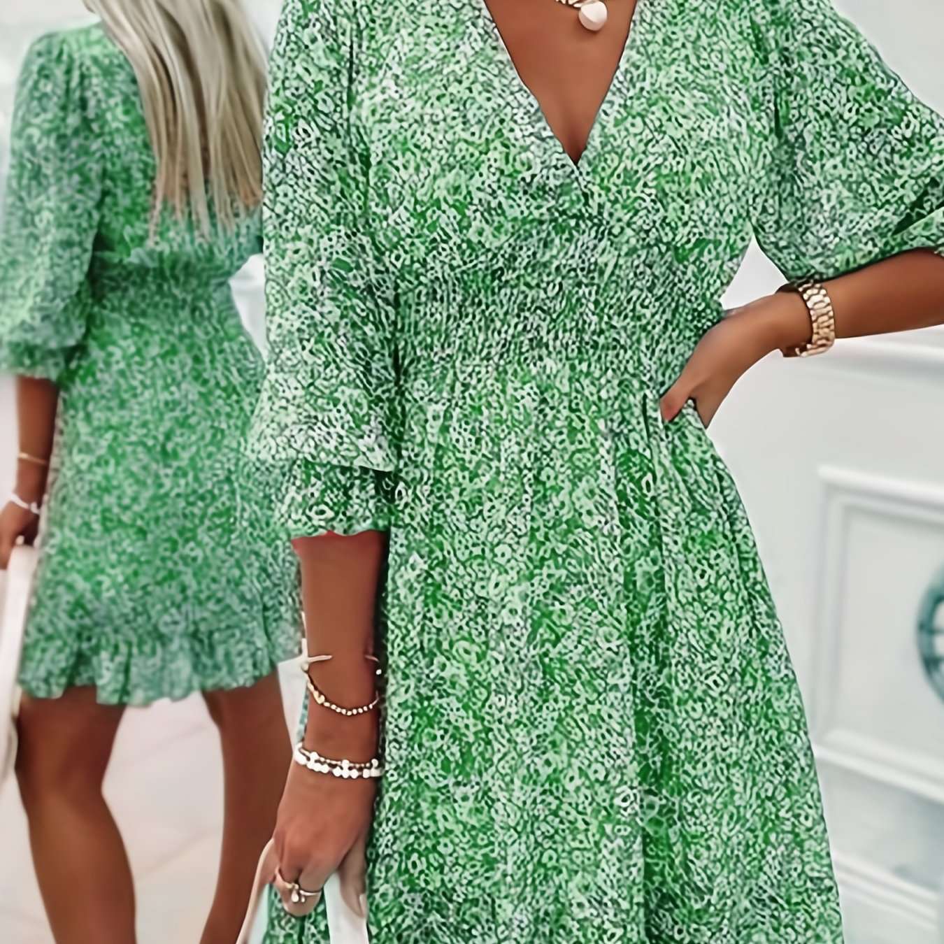 Women's Dresses Puff Sleeve Floral Print Ruched Waist V-Neck Boho Dresses