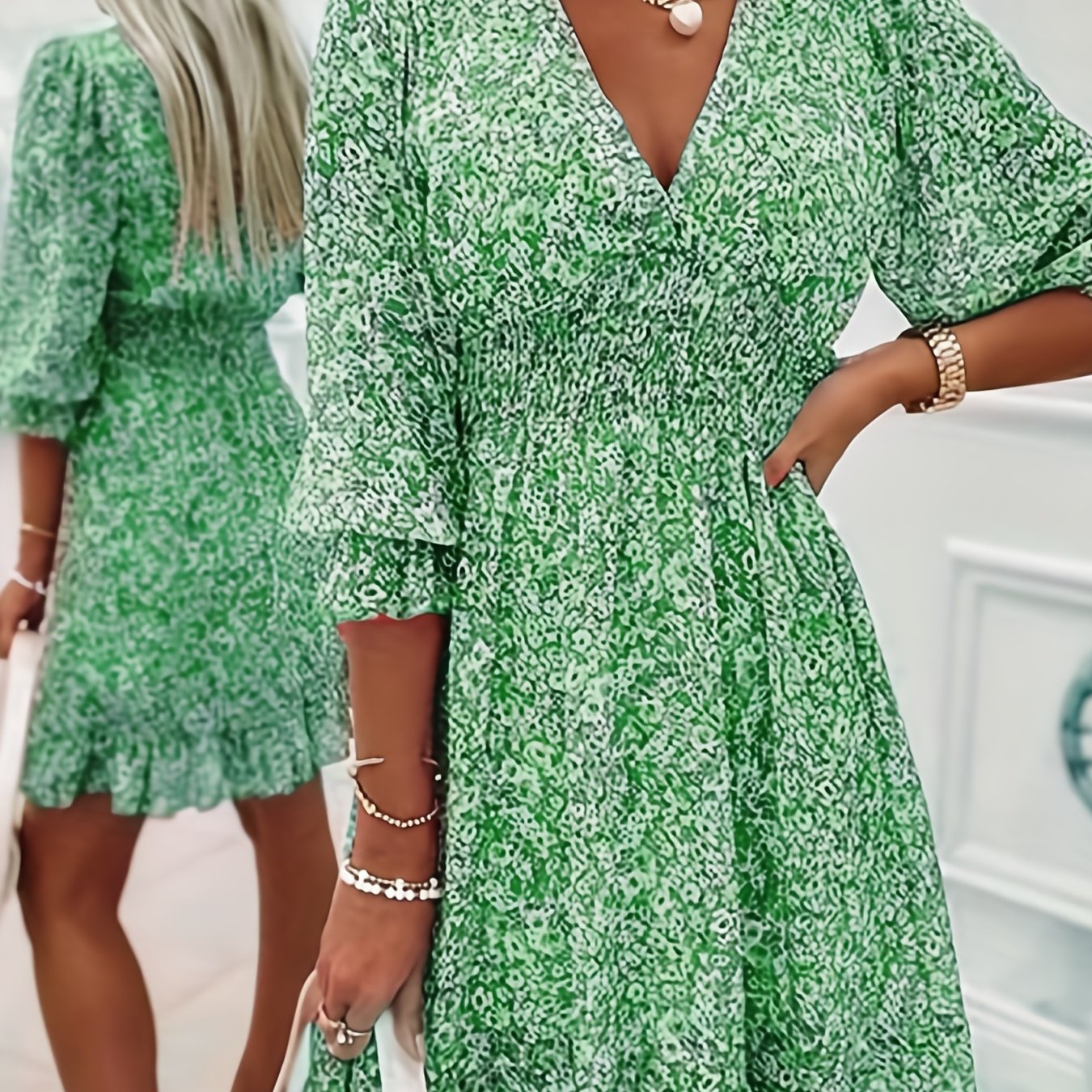 Women's Dresses Puff Sleeve Floral Print Ruched Waist V-Neck Boho Dresses