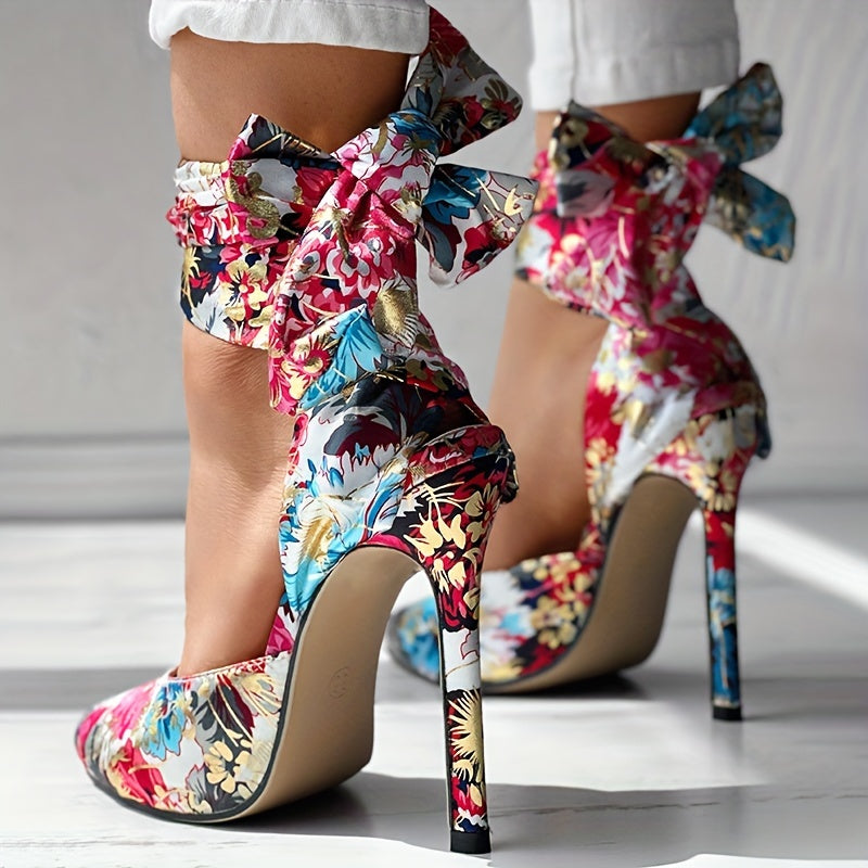 CBI STYLE Women's Floral Stiletto High Heels - Pointed Toe Ankle Strap Ultra-High Heels with Fabric Upper & PVC Sole for Weddings, Parties, Formal Events, Stiletto Heels