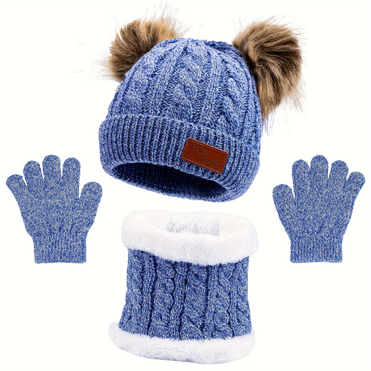 1pc Toddler Knitted Hat, Pure Color Winter Twist Double Pom Pom Knitted Beanies Cap