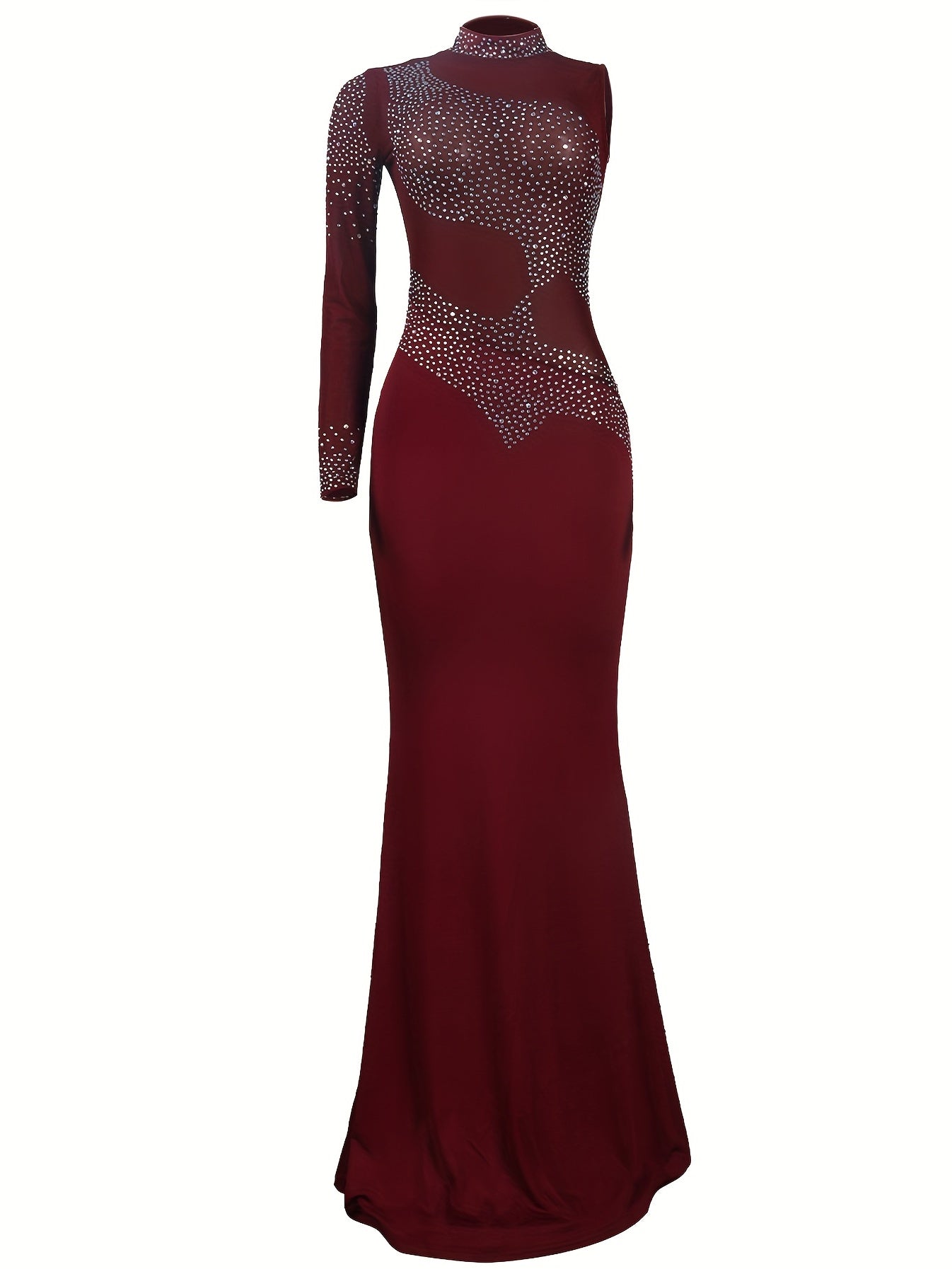 VNOVA'S Women'S One Shoulder Long Sleeve Rhinestone Process Mesh Sexy Slim Dress Club Evening Dress