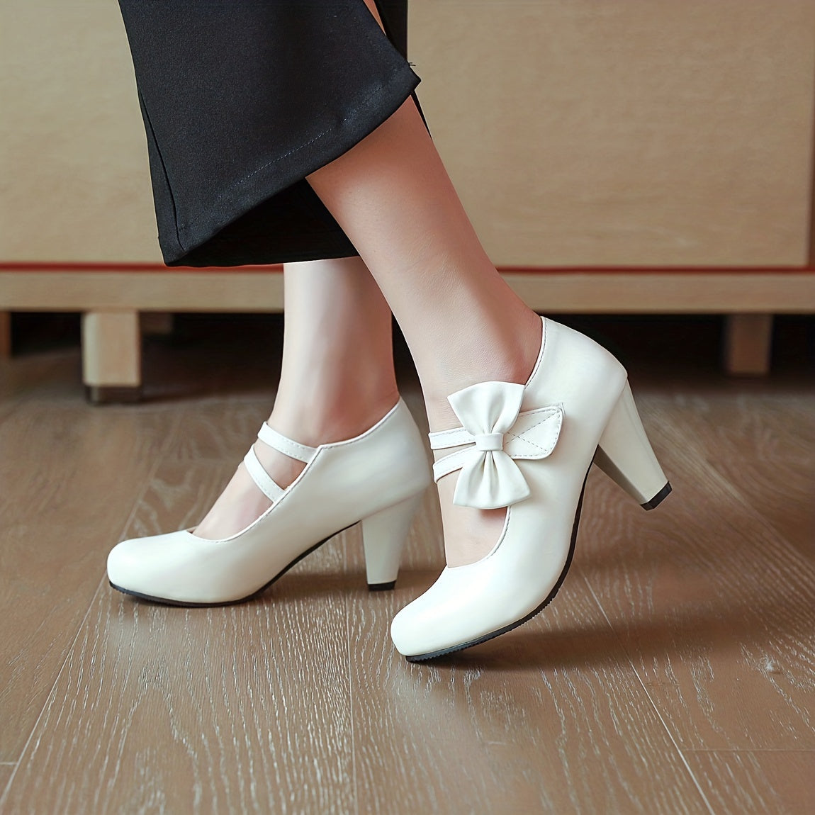 Round Toe Pumps Kitten Heels, Bowknot Ankle Straps PU Leather Fashion Dance Work Dress Chunky Shoes, Women's Footwear
