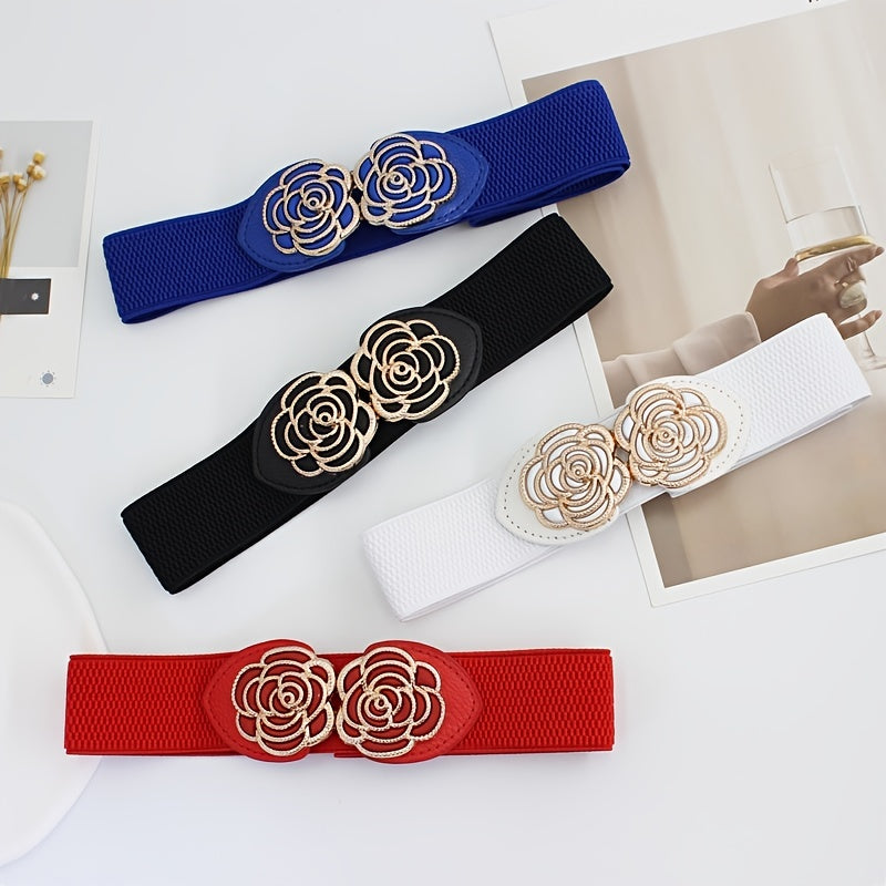 Vintage Stretch Wide Waist Belt For Women Dress Waistband Metal Leaf Buckle