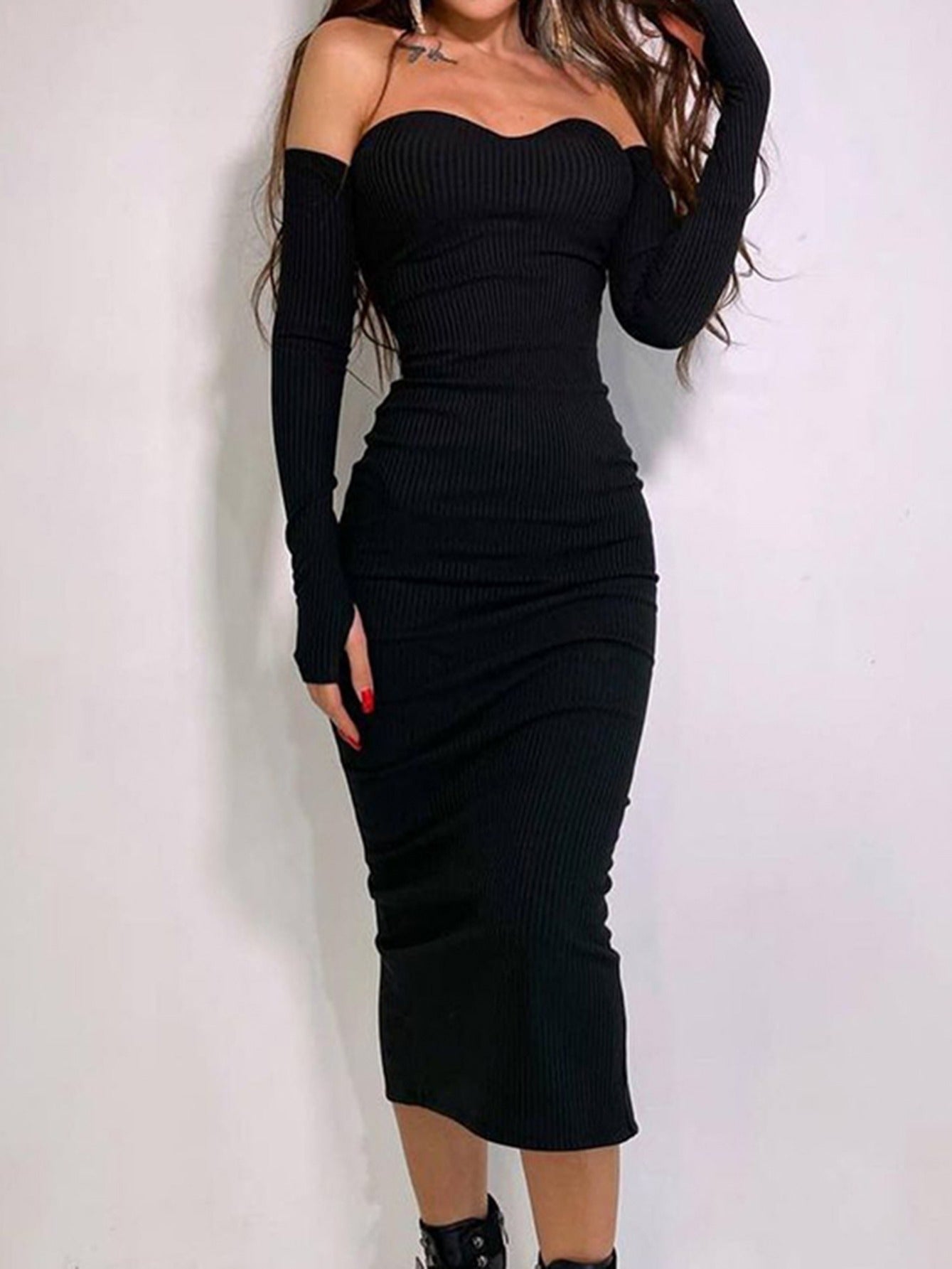 Chic Womens Ribbed Bodycon Midi Dress - Seductive V Neck, Soft Knit, Long Sleeves - Autumn Solid Colors, Mid-Calf Length