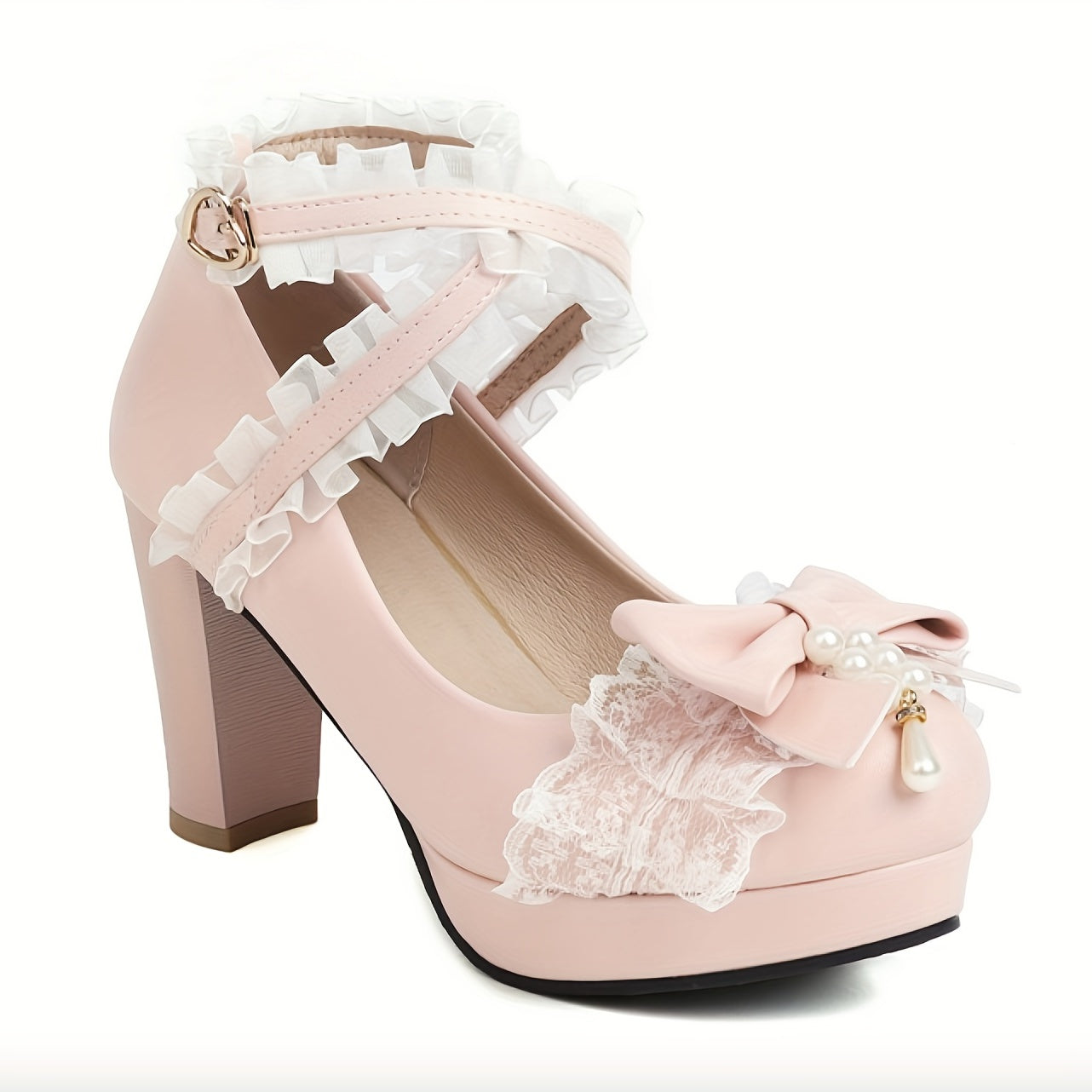 Women's Bow Platform High Heels, Faux Pearl Lace Cross Strap Chunky Heels, Cute Lolita Shoes
