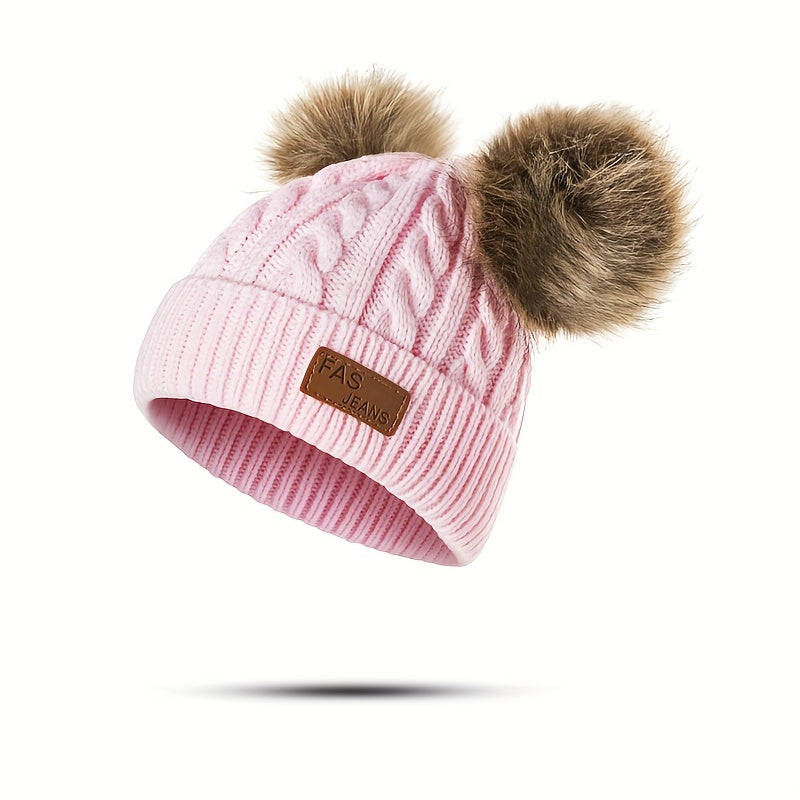 1pc Toddler Knitted Hat, Pure Color Winter Twist Double Pom Pom Knitted Beanies Cap