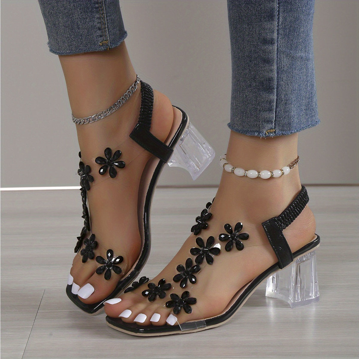 Women's Rhinestone Block Heel Sandals with Square Open Toe, Elastic Straps, Slip-On Heels for Versatile Style