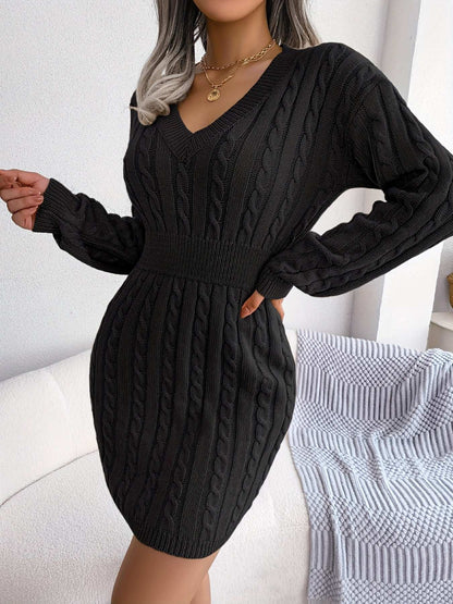 Casual Waist Cable Sweater Dress Solid V-neck Long Sleeve Fall Winter Bodycon Knit Dresses Women's Clothing