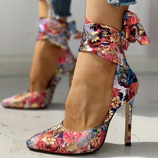 CBI STYLE Women's Floral Stiletto High Heels - Pointed Toe Ankle Strap Ultra-High Heels with Fabric Upper & PVC Sole for Weddings, Parties, Formal Events, Stiletto Heels