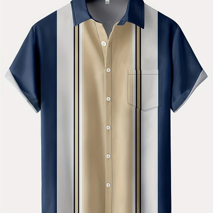 Men's Polyester Color Block Vertical Striped Button Through Shirt