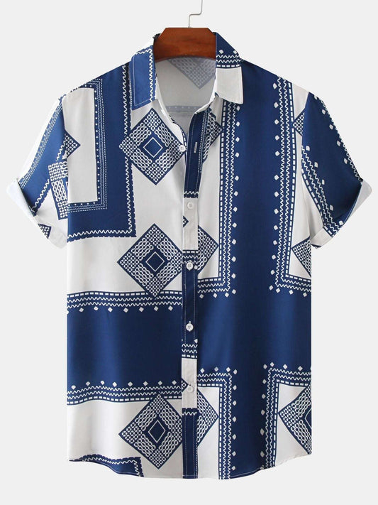 2023 New Arrival - Mens Geometric Pattern Floral Casual Slim Fit Short Sleeve Shirt - Cotton Blend, Medium Stretch, Lapel Collar, Button Details, Hand Washable, Perfect for Fall Season