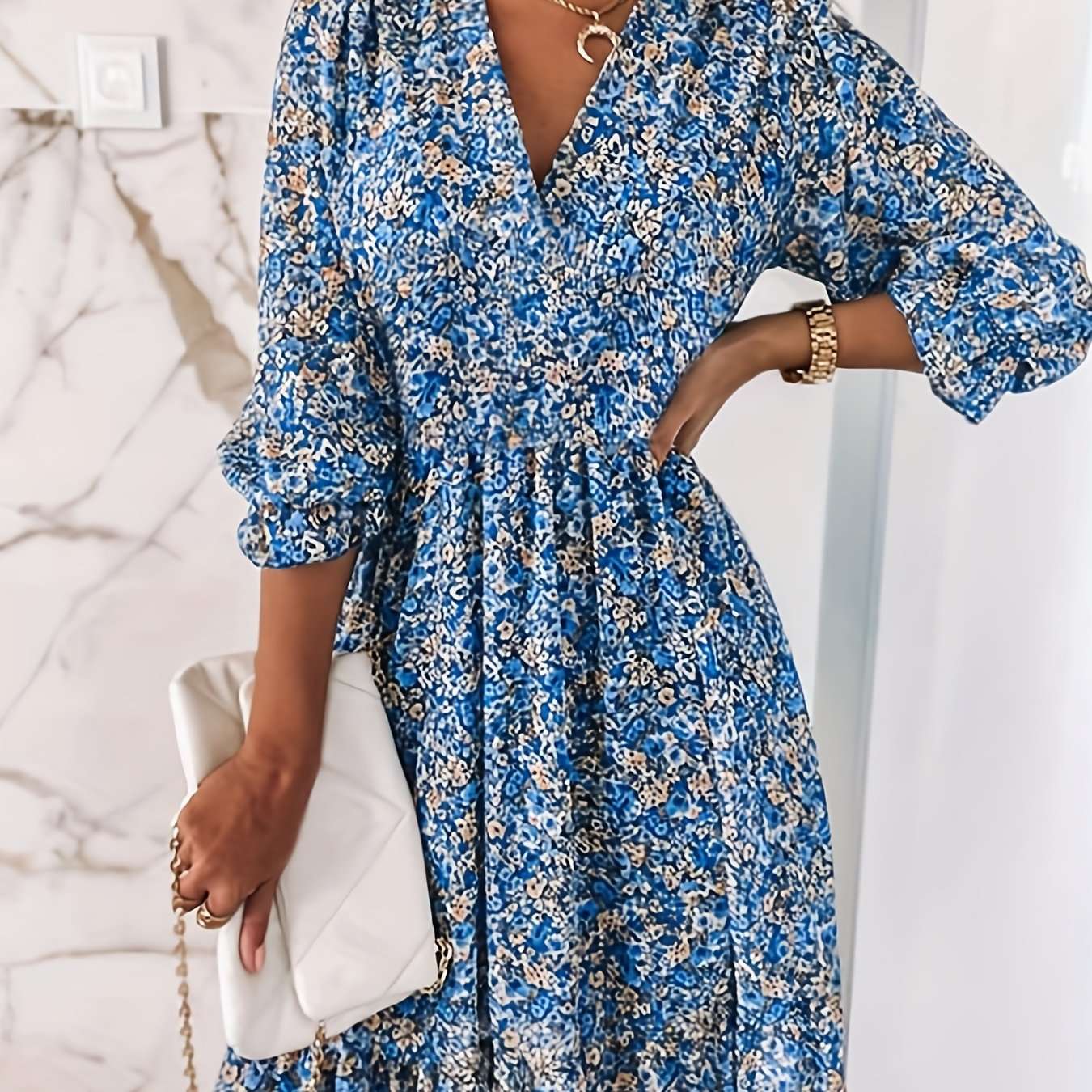 Women's Dresses Puff Sleeve Floral Print Ruched Waist V-Neck Boho Dresses