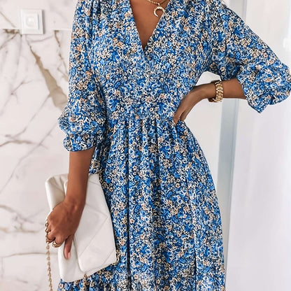 Women's Dresses Puff Sleeve Floral Print Ruched Waist V-Neck Boho Dresses