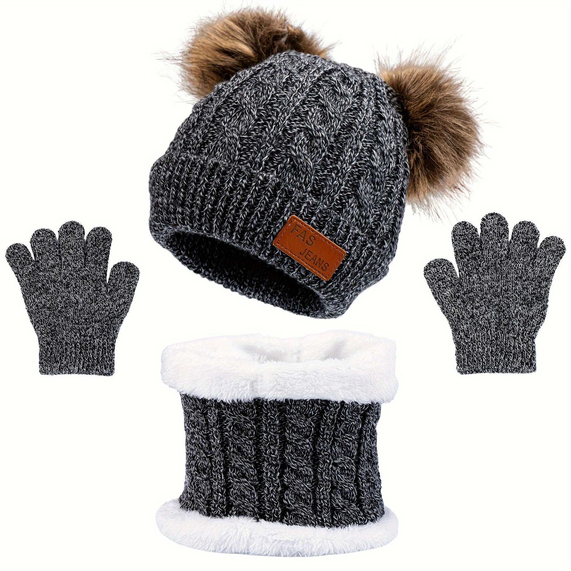 1pc Toddler Knitted Hat, Pure Color Winter Twist Double Pom Pom Knitted Beanies Cap