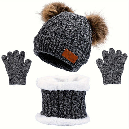 1pc Toddler Knitted Hat, Pure Color Winter Twist Double Pom Pom Knitted Beanies Cap