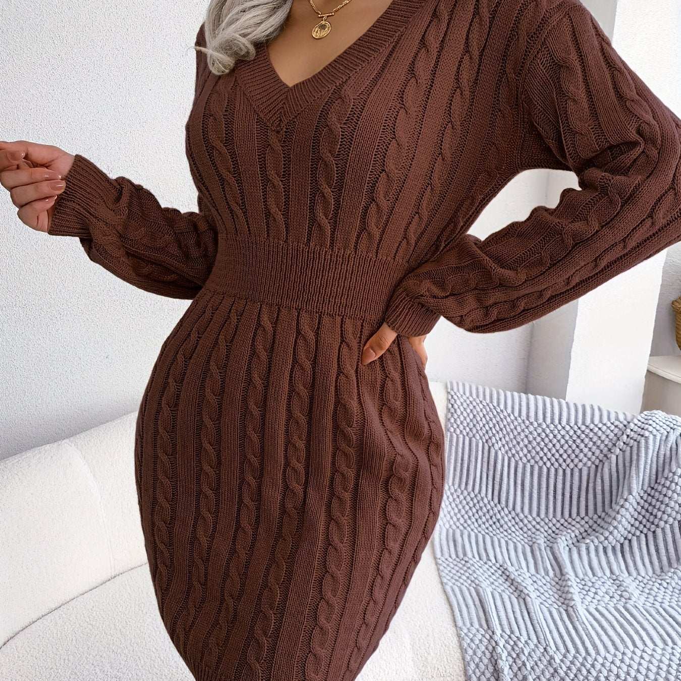 Casual Waist Cable Sweater Dress Solid V-neck Long Sleeve Fall Winter Bodycon Knit Dresses Women's Clothing