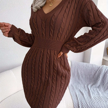 Casual Waist Cable Sweater Dress Solid V-neck Long Sleeve Fall Winter Bodycon Knit Dresses Women's Clothing