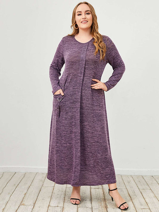 Women's Plus Size Casual Long Sleeve Dress, Spring Fall Crew Neck Dress With Pocket