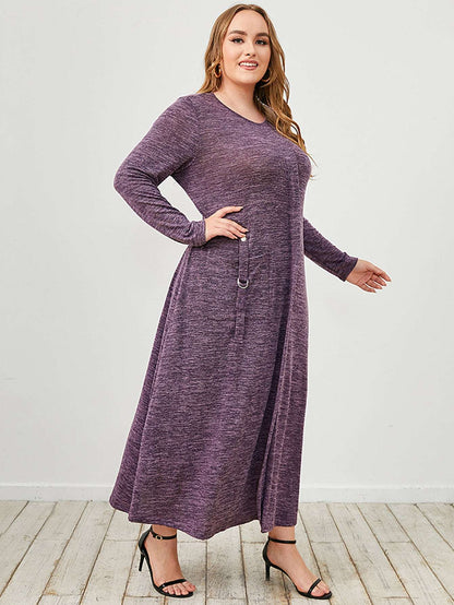 Women's Plus Size Casual Long Sleeve Dress, Spring Fall Crew Neck Dress With Pocket