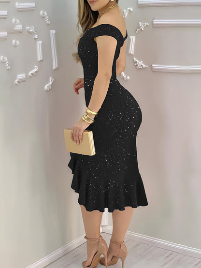 Knee-High Elastic Micro Ruffle Trim Polyester Slingback Dress - Elegant Solid Color Party Dress for Women - Spring/Summer Fashion