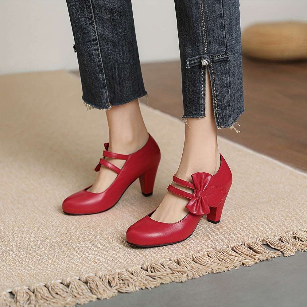 Round Toe Pumps Kitten Heels, Bowknot Ankle Straps PU Leather Fashion Dance Work Dress Chunky Shoes, Women's Footwear