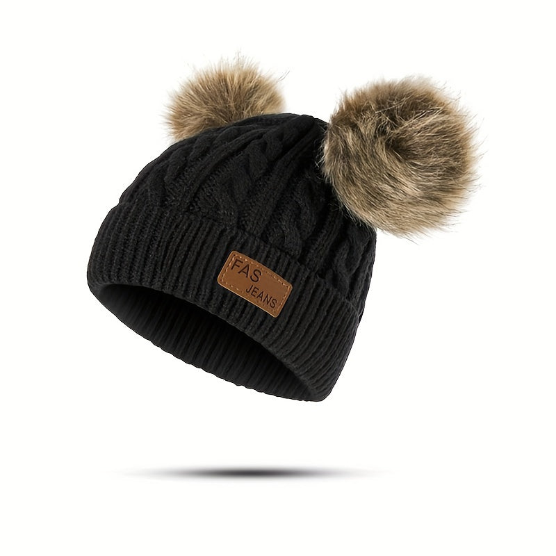 1pc Toddler Knitted Hat, Pure Color Winter Twist Double Pom Pom Knitted Beanies Cap
