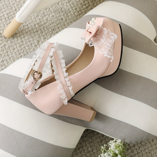 Women's Bow Platform High Heels, Faux Pearl Lace Cross Strap Chunky Heels, Cute Lolita Shoes