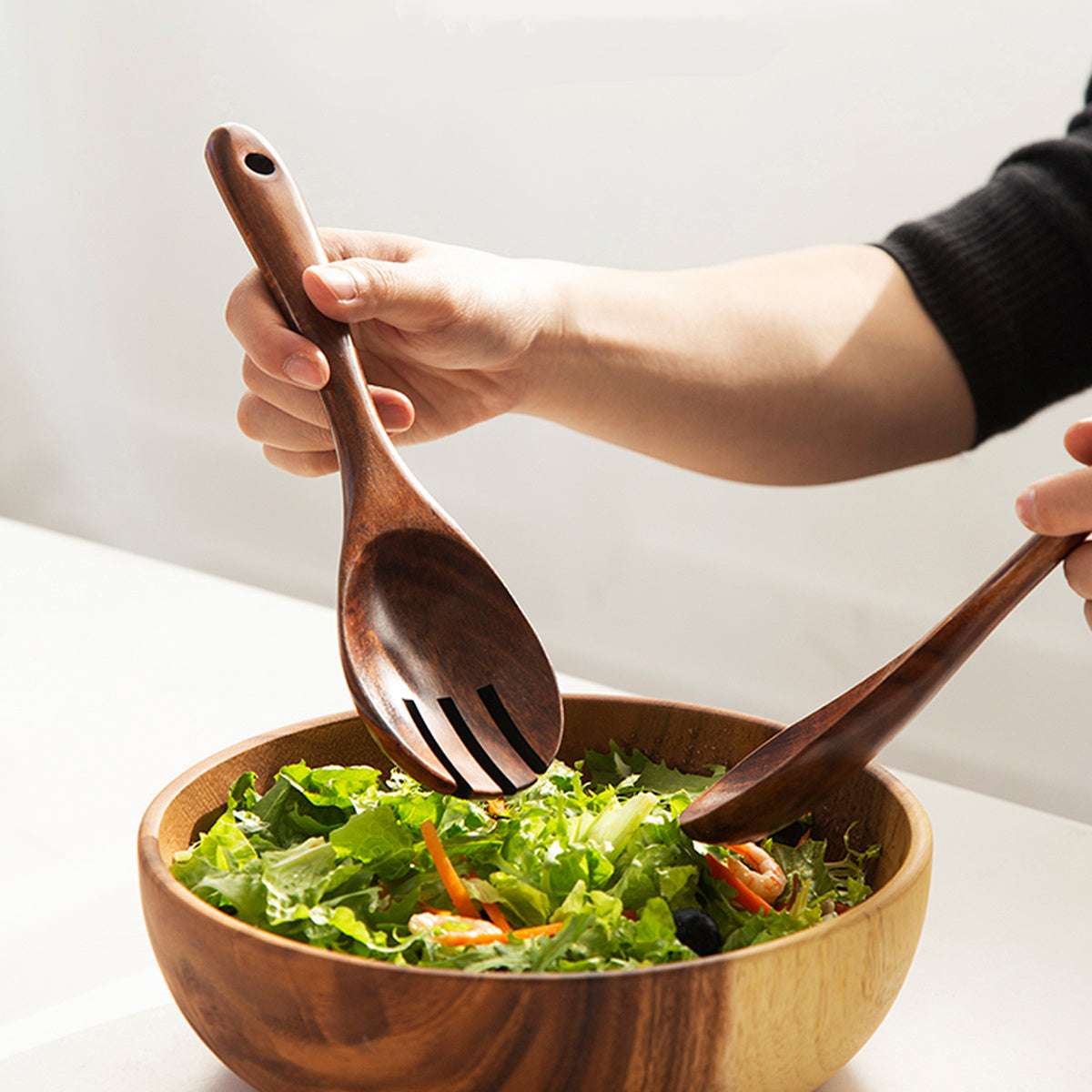 2-Pack Wooden Salad Servers Set - Acacia Wood, Rustic Charm, Durable Mixing Spoon & Fork with Long Handles, Perfect for Entertaining, Stylish Serving Utensils