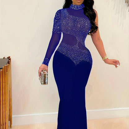 VNOVA'S Women'S One Shoulder Long Sleeve Rhinestone Process Mesh Sexy Slim Dress Club Evening Dress