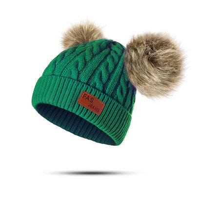 1pc Toddler Knitted Hat, Pure Color Winter Twist Double Pom Pom Knitted Beanies Cap