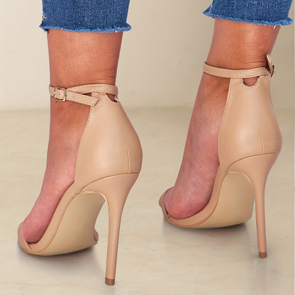 Elegant Women's Beige Stiletto Sandals with Ankle Strap - Open Toe, High Heel Dress Shoes, PU Cover, Perfect for Summer Events, Stiletto Heels