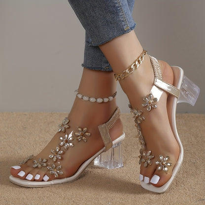 Women's Rhinestone Block Heel Sandals with Square Open Toe, Elastic Straps, Slip-On Heels for Versatile Style