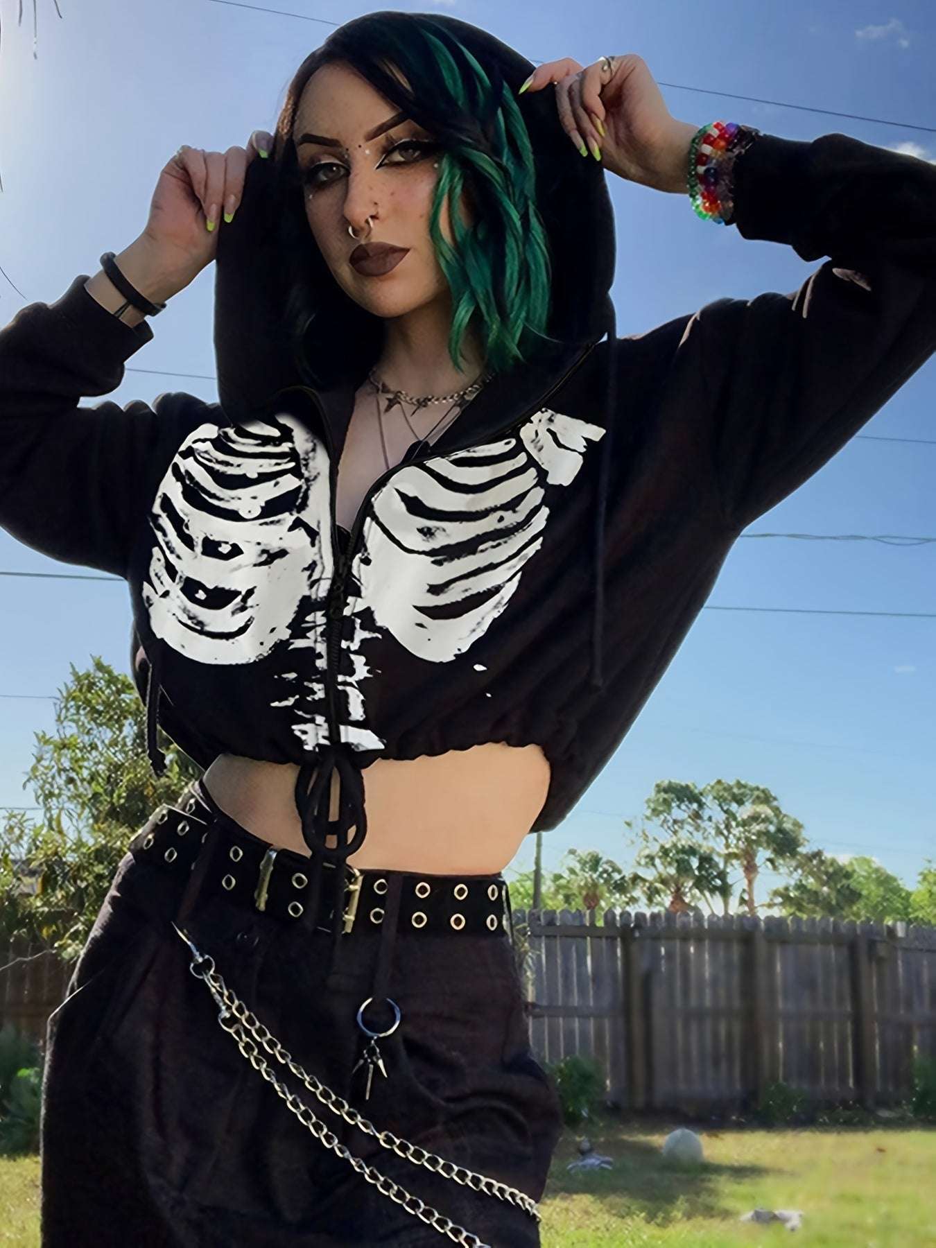 Gothic Drawstring Crop Hoodie, Long Sleeve Hoodies Sweatshirt, Women's Clothing
