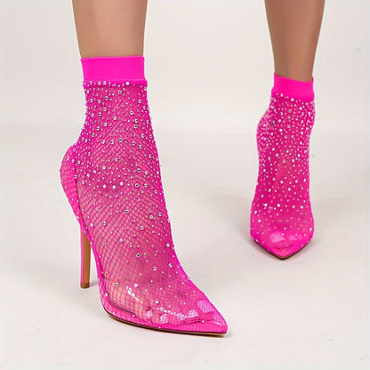 Women's Rhinestone Decor Stiletto Heels, Sexy Evening Party Street Style Pumps, Women's Breathable Mesh Heels