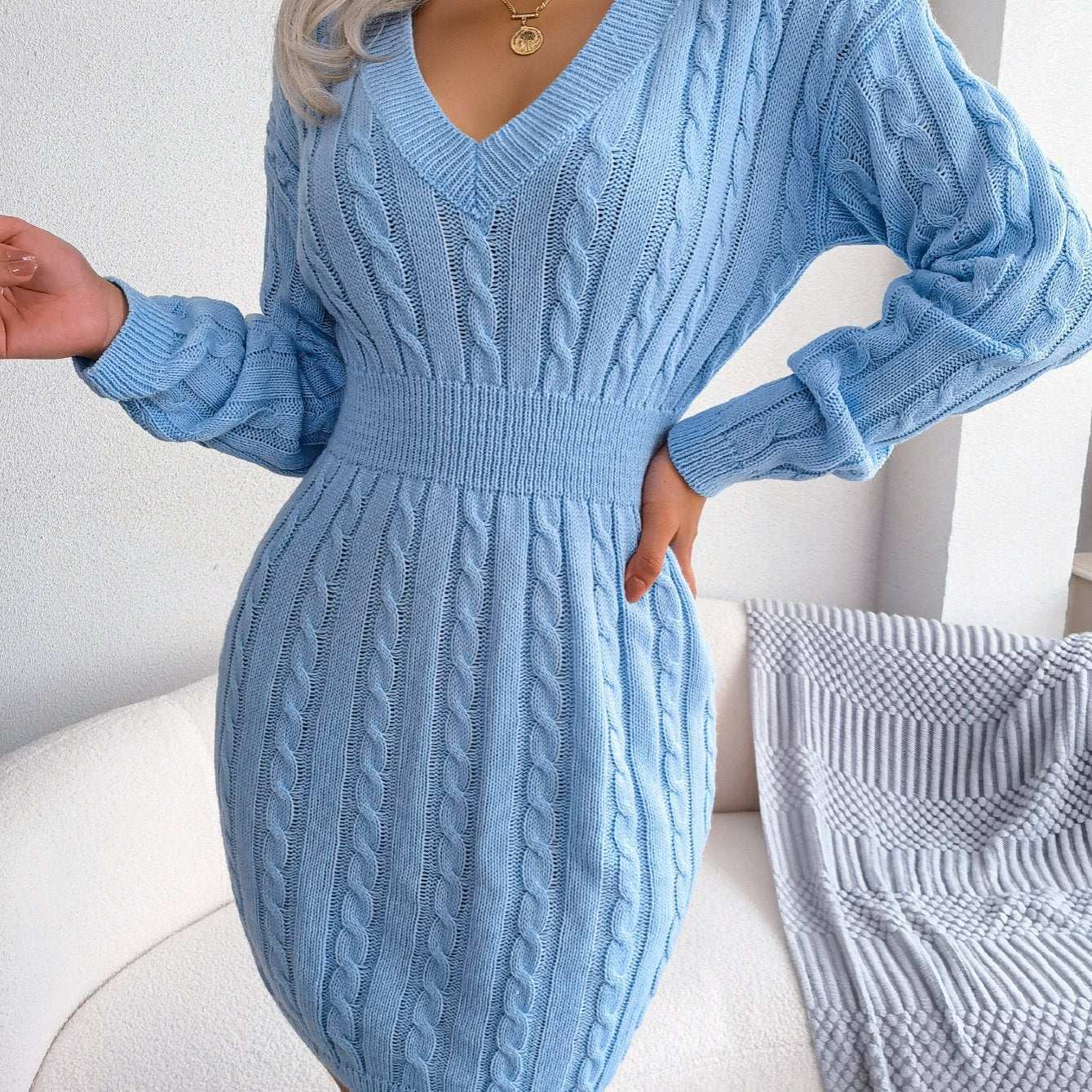 Casual Waist Cable Sweater Dress Solid V-neck Long Sleeve Fall Winter Bodycon Knit Dresses Women's Clothing