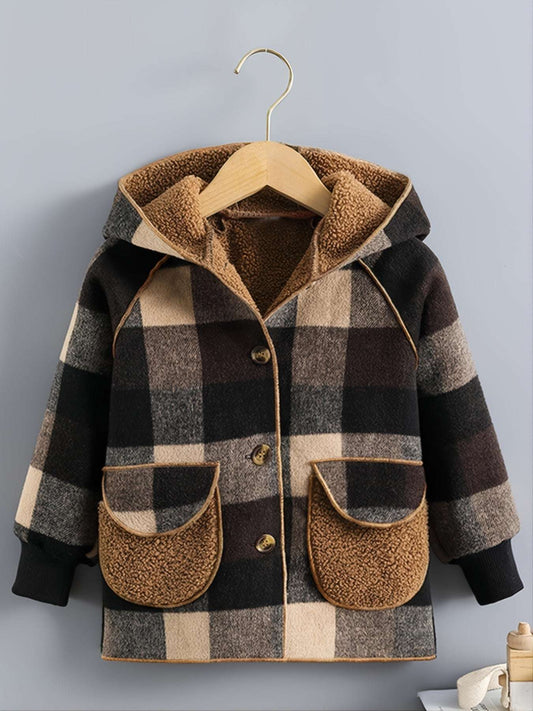 Cozy Boys' Plaid Hooded Jacket - Warm, Button-Front, Soft Plush Lining, Water-Resistant, Winter Kids' Clothing for Outdoor Play